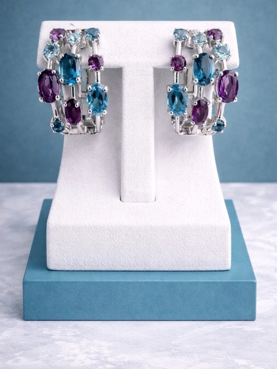 Effy Jewelry - Effy Multi Gemstone Hoop Earrings 925 Sterling Silver Amethyst Blue Topaz NEW